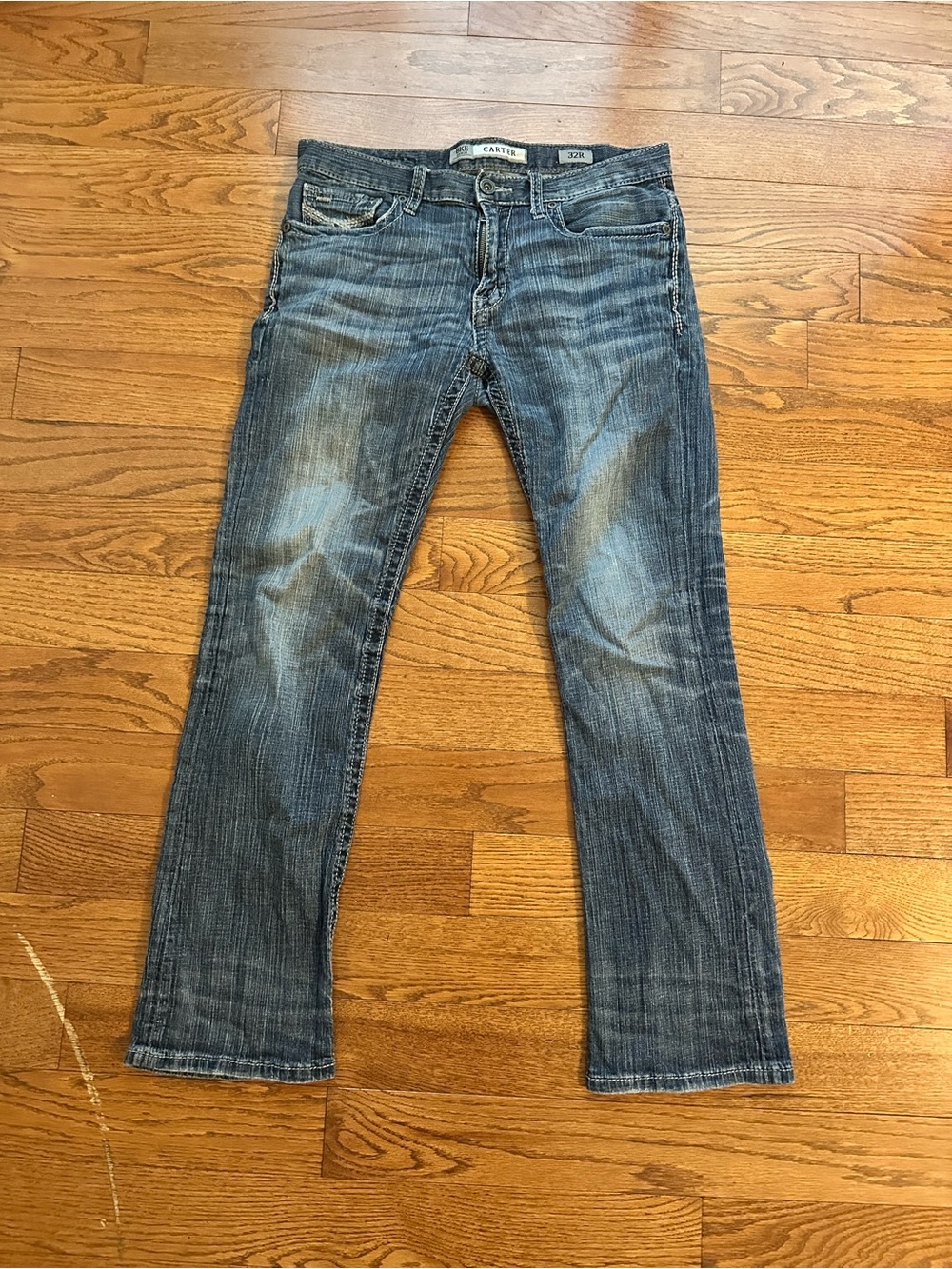 BKE Denim Carter 32R Whiskered Blue Jeans Medium Wash Straight